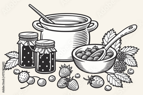 Homemade Berry Jam and Preserves with Fresh Fruits and Mason Jars – Vintage Line Art.
