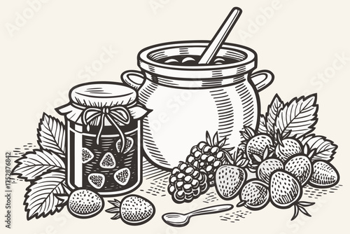 Homemade Berry Jam and Preserves with Fresh Fruits and Mason Jars – Vintage Line Art.
