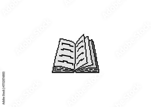 Pixel art of an open book with visible pages and text lines, symbolizing reading, knowledge, learning, or education in a minimalist digital style.