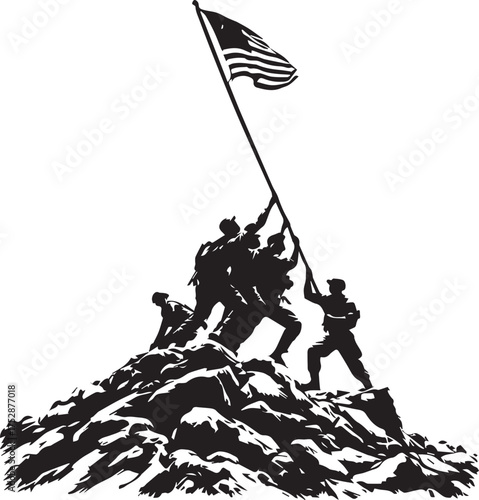Iwo Jima flag raising silhouette with U.S. Marines on hill in iconic WWII patriotic military scene