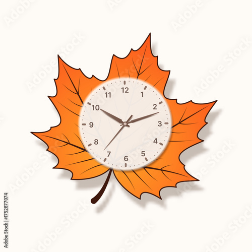 Wall analog clock face against an autumn maple leaf background. Vector illustration.