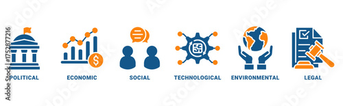 PESTEL icon set vector concept with icon of political, economic, social, technological, environmental, legal 