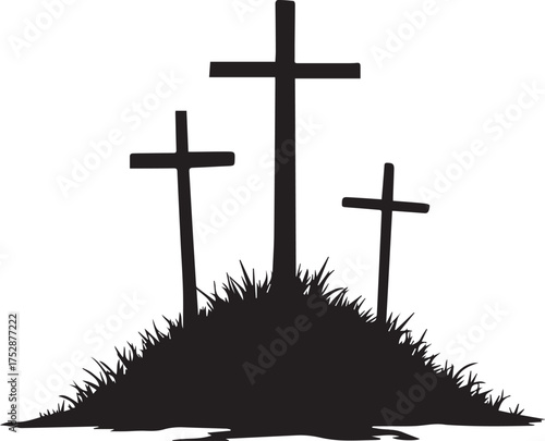 Three crosses on hill in black silhouette representing crucifixion scene for Christian spiritual themes