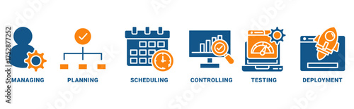 Release management icon set vector concept with icon of managing, planning, scheduling, building, testing, preparing and deployment 