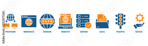 Web hosting icon set vector concept with icon of provider, webspace, domain, website, server, data, traffic, service 
