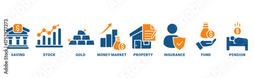 Retirement Plan icon set vector concept with icon of saving, stock, gold, money market, property, insurance, fund, pension 