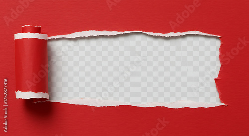 Obraz na plátně A red paper with a torn section revealing a transparent background and curled ed