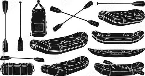 Set of inflatable raft, kayak and paddle for rafting or kayaking adventure in monochrome style