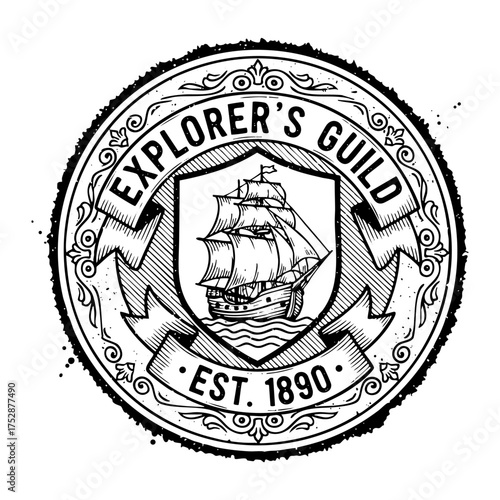 Explorer's Guild Sailing Ship Vintage Emblem Engraving Vector Illustration