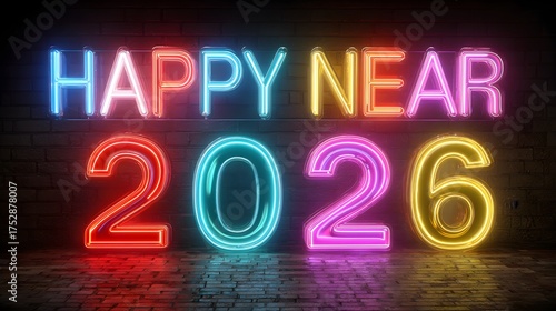 Wallpaper Mural Neon glowing party lights framing “Happy New Year 2026” 3D text in bright vibrant colors Torontodigital.ca