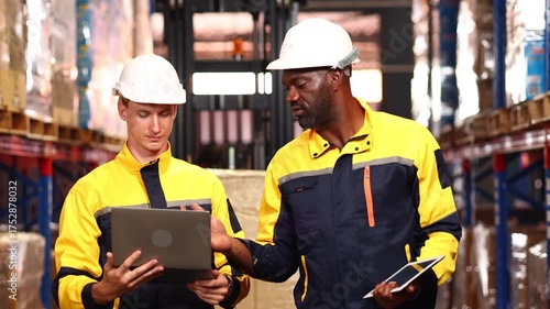 Laptop computer technology. Teamwork. Caucasian Man inventory manager talking with black man employees in warehouse. inventory for shipping, ecommerce or wholesale supplier