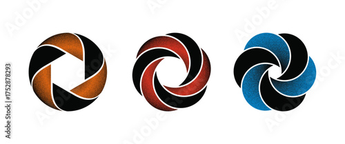 Geometric rotating iris vector collection, halftone spiral dynamics, vector illustration.