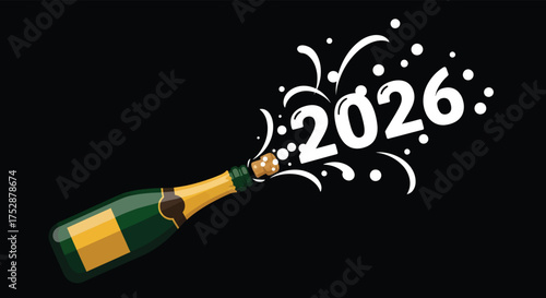 Champagne bottle celebrates the arrival of 2026 with celebratory bubbles against a dark backdrop, symbolizing a joyful and exciting new year.