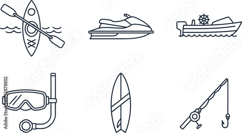 Outline icons of summer beach vacation and water sport activity kayak, jet ski, boat, snorkel, surfboard, fishing rod