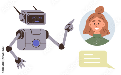 Robot interacting with woman s profile in speech bubble, signaling digital communication. Ideal for AI communication, chatbot, virtual assistant, human-robot interaction, online support, futuristic