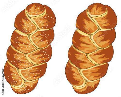 Top View Challah Bread with & without Seasame - Jewish Baked Cuisine Illustration