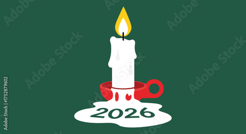Burning candle illuminates the year 2026 against a dark green backdrop, symbolizing hope and anticipation for the future.