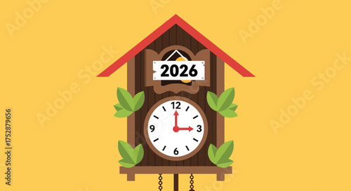 Cuckoo clock shows the year 2026 on a yellow wall, symbolizing the passage of time and anticipation of the future with a sense of hope.