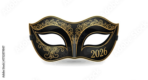 Elegant black masquerade mask with golden details rests on a white surface, hinting at a festive celebration and mysterious allure.