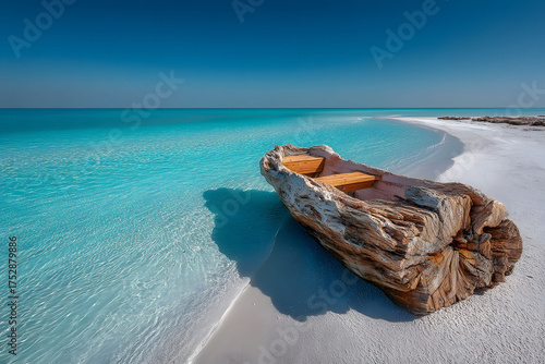 Tranquil Beach Escape with Driftwood Canoe on Pristine Turquoise Shoreline