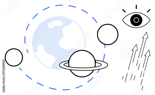 Earth, Saturn with rings, orbit paths, abstract arrows and open eye representing exploration, vision, curiosity, discovery, learning innovation creativity. Minimalist style simple flat metaphor