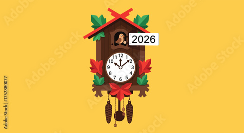 Cuckoo clock showing time ticking away in cozy home with festive decorations, symbolizing passing of time and anticipation for new year.
