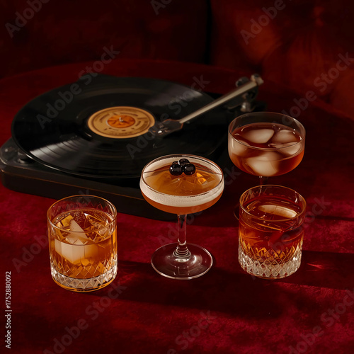 Vintage Cocktails and Jazz Vinyl in Velvet Bar Setting