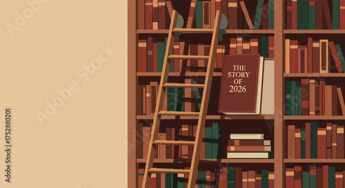 Bookshelf with ladder displaying a book titled 'The Story of 2026' in a library setting, creating a sense of mystery and anticipation.