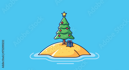 Christmas tree stands on a small island with presents, surrounded by blue water, creating a festive and tropical holiday scene.