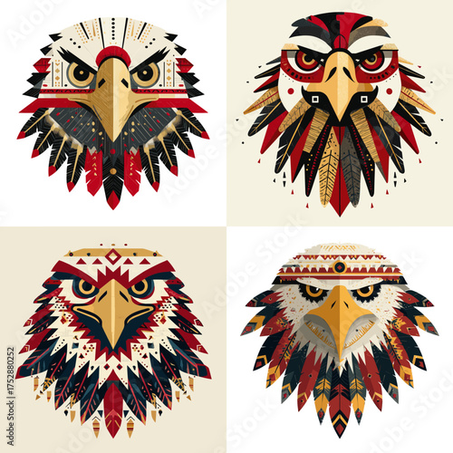 Decorative tribal eagle head illustration with geometric and ethnic patterns in red, black, and gold tones, symbolizing power, wisdom, and freedom, perfect for tattoo or poster art.