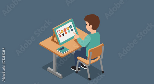 Boy using speech board on tablet while sitting at wooden desk  