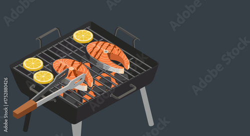 Grilling salmon fillets with lemon slices on barbecue grill  