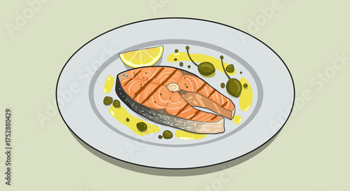 Grilled salmon fillet with lemon and olives on a white plate  
