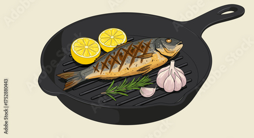 Grilled fish with lemon and garlic in a cast iron skillet  