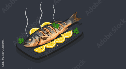 Grilled fish with lemon slices and herbs on dark background  
