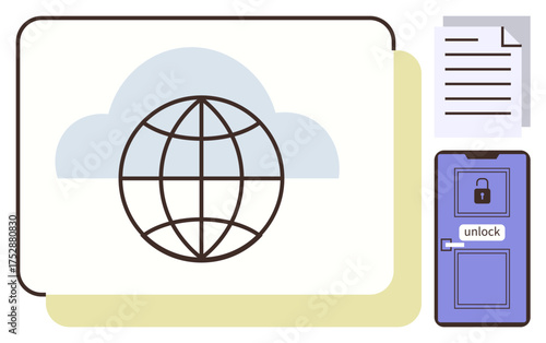 Globe and cloud symbolizing global connectivity, document representing data, locked and unlocked doors for security. Ideal for cloud storage, global access, cybersecurity, data sharing, information