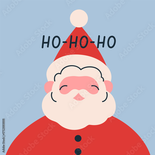 Christmas post card with happy Santa Claus. Festive square postcard design with Xmas character in red suit and hat, New Year greeting, seasonal winter holiday background. Flat vector illustration