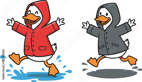 Cute cartoon duck wearing raincoat jumping in puddle, happy rainy day animal illustration, playful waterproof outfit concept
