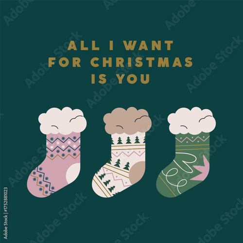Christmas card design with gift stockings and greeting typography, phrase, quote. Festive square postcard with cozy warm socks for winter holiday and New Year presents. Flat vector illustration