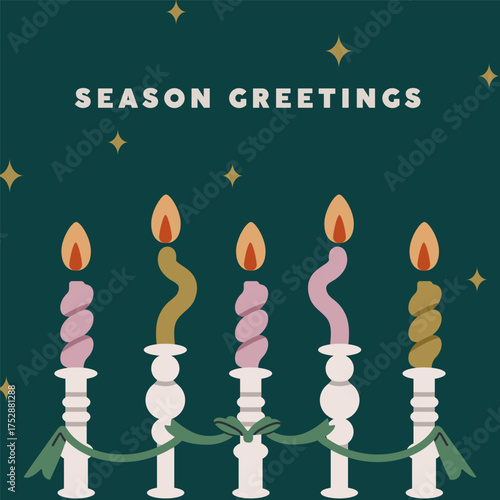 Christmas greeting card design. Festive square postcard with candles, cozy light, ribbon bow, stars. Winter holiday candlelight decoration, Xmas and New Year typography. Flat vector illustration