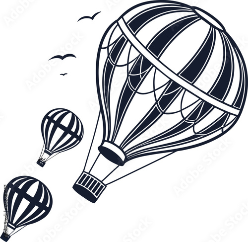 Multiple hot air balloons ascending gracefully skyward on a starry night with subtle lighting isolated on transparent background