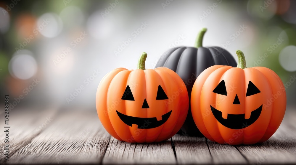 Fototapeta premium Festive pumpkin trio with jack-o'-lantern faces on rustic wooden surface