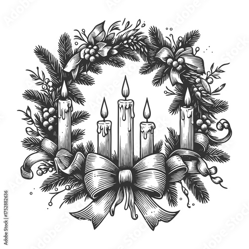 Christmas wreath with three burning candles, decorative bow, pine branches, and holiday ornaments sketch engraving generative ai raster illustration. Scratch board imitation. Black and white image.