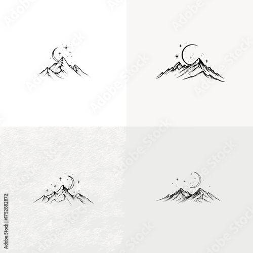 Minimalist mountain illustration with moon and stars drawn in fine line art style, perfect for tattoo design, logo, nature concept, or modern boho aesthetic artwork.