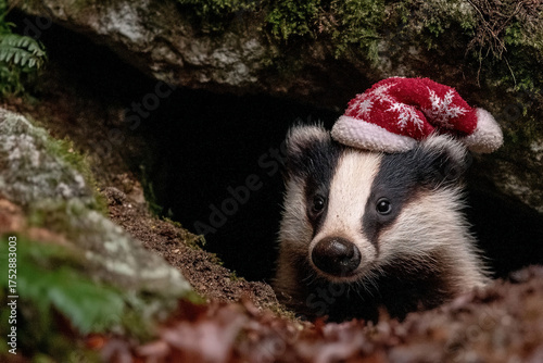 A badger with a Christmas h...