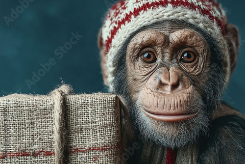 A playful chimpanzee with a...
