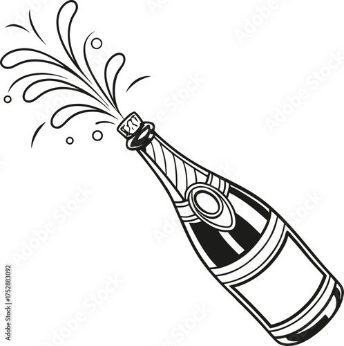 Champagne bottle with overflowing bubbles celebration toasting festive drinks and spirits isolated on transparent background