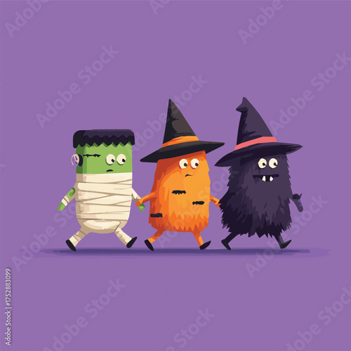 Cute Halloween cartoon characters walking together, fun modern art mascot illustration with Grim, Frankenstein, mummy, witch