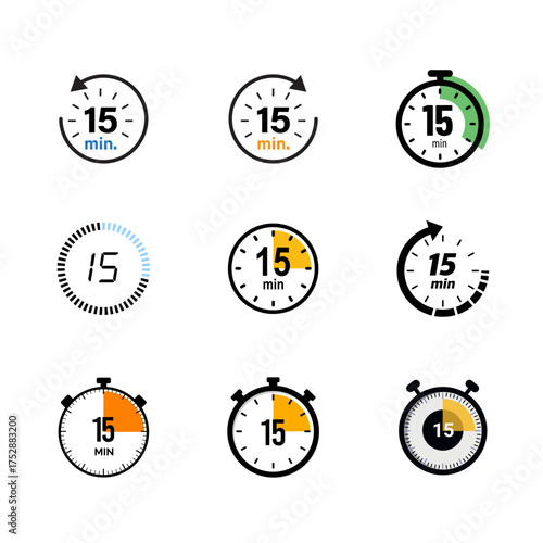 Simple Minimalist 15 Minutes Timer Clock Icons including a stopwatch, analog clock, countdown timer, and 15 minutes timer. Perfect for app UI/UX design