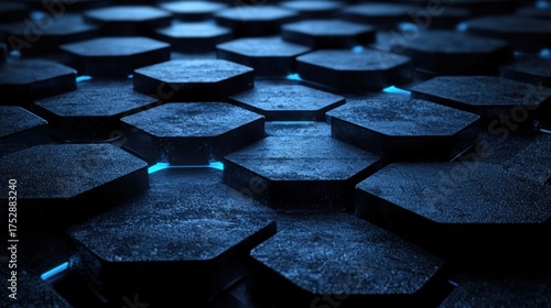 Hexagonal Patterned Surface with Blue Accents and Geometric Design.